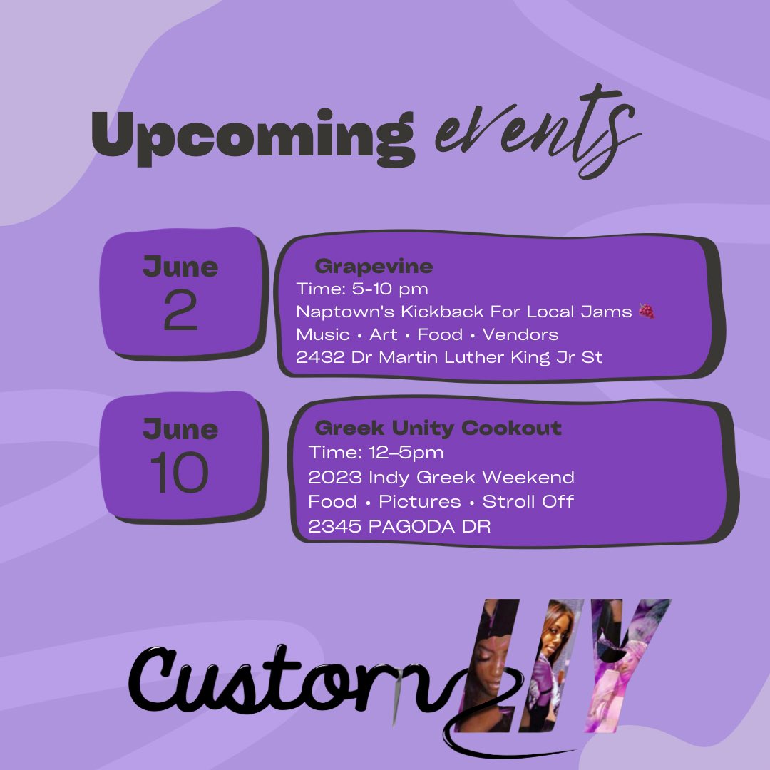 customliy's tweet photo. WE'RE EXCITED TO DROP OUR EVENTS FOR NEXT MONTH! TELL A FRIEND AND TELL THAT FRIEND TO TELL A FRIEND 😂💜🫶🏾✨
WE HOPE TO SEE YOU ALL THERE WWW.CUSTOMLIY.COMI https://t.co/qm4W8sjawM