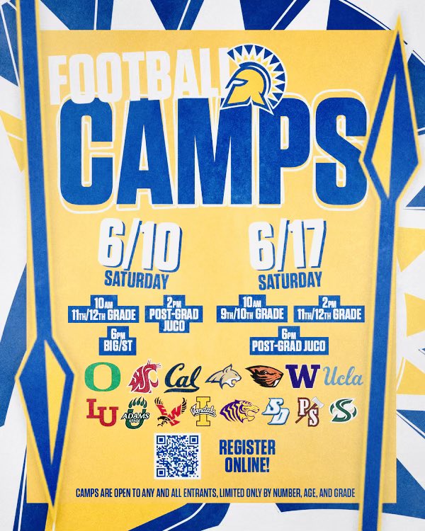 JC &amp; High School Ballers come showcase your talents June 10th &amp; June 17th <a href="/SanJoseStateFB/">San José State Football</a> 🏈Camp Don’t miss out on an opportunity to compete against some of the best players in the State plus come get evaluated &amp; coached by some of the BEST Coaches in the Country! SIGN UP NOW!!