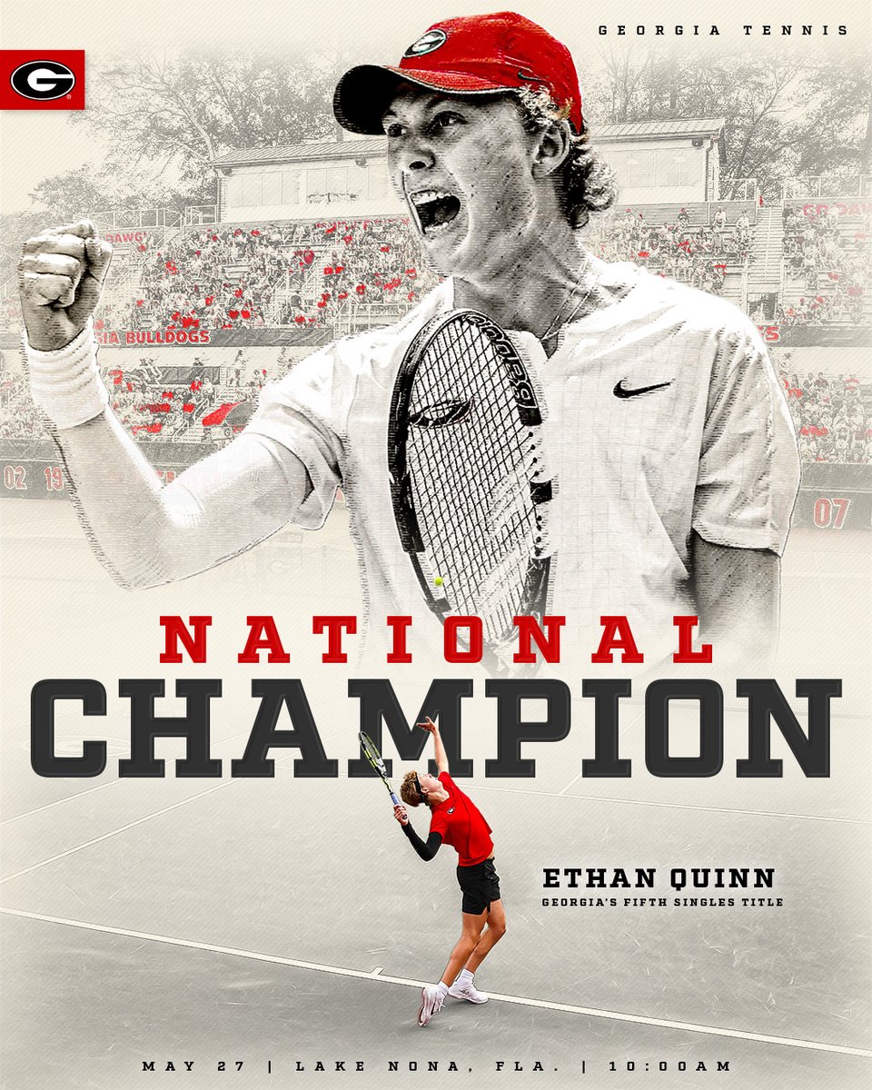 Ethan Quinn is your 𝐍𝐂𝐀𝐀 𝐒𝐢𝐧𝐠𝐥𝐞𝐬 𝐍𝐚𝐭𝐢𝐨𝐧𝐚𝐥 𝐂𝐡𝐚𝐦𝐩𝐢𝐨𝐧‼️ The redshirt freshman pulls off the comeback and wins the fifth singles title in program history! No. 2 Quinn 🆚 No. 8 Styler ✅ 6-7(2), 7-6(5), 6-2 #BeMore // #GoDawgs