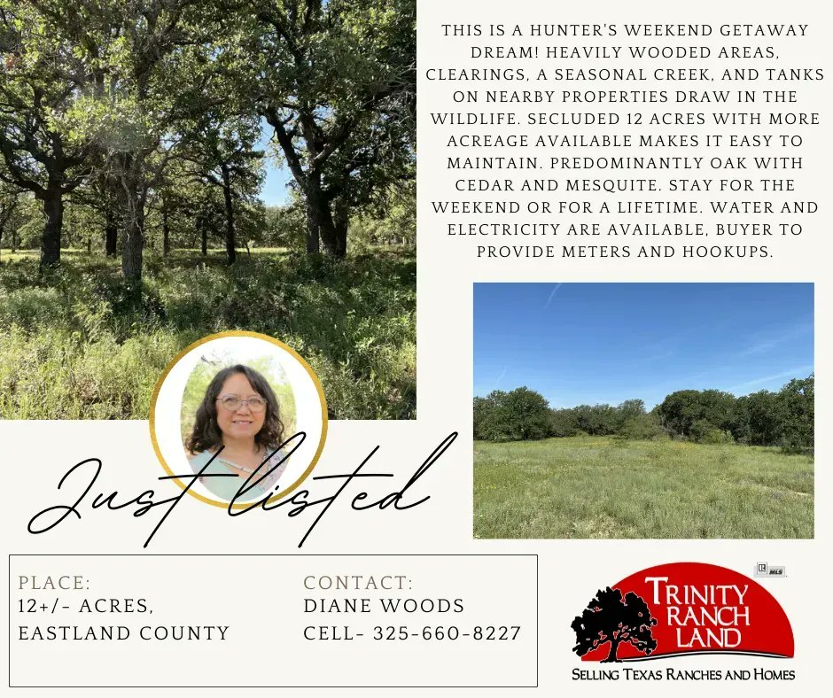 ⚡Shoutout Saturday⚡- NEW LISTING ALERT in EASTLAND COUNTY❗❗ 

This 12+/- acre listing just hit the market! Call to see this beautiful piece of land! 

Call Listing Agent- Diane Woods 📲  325-660-8227

#TRL #SellingTexas #LandinTexas #JustListed #NewListing #ShoutOutSaturday