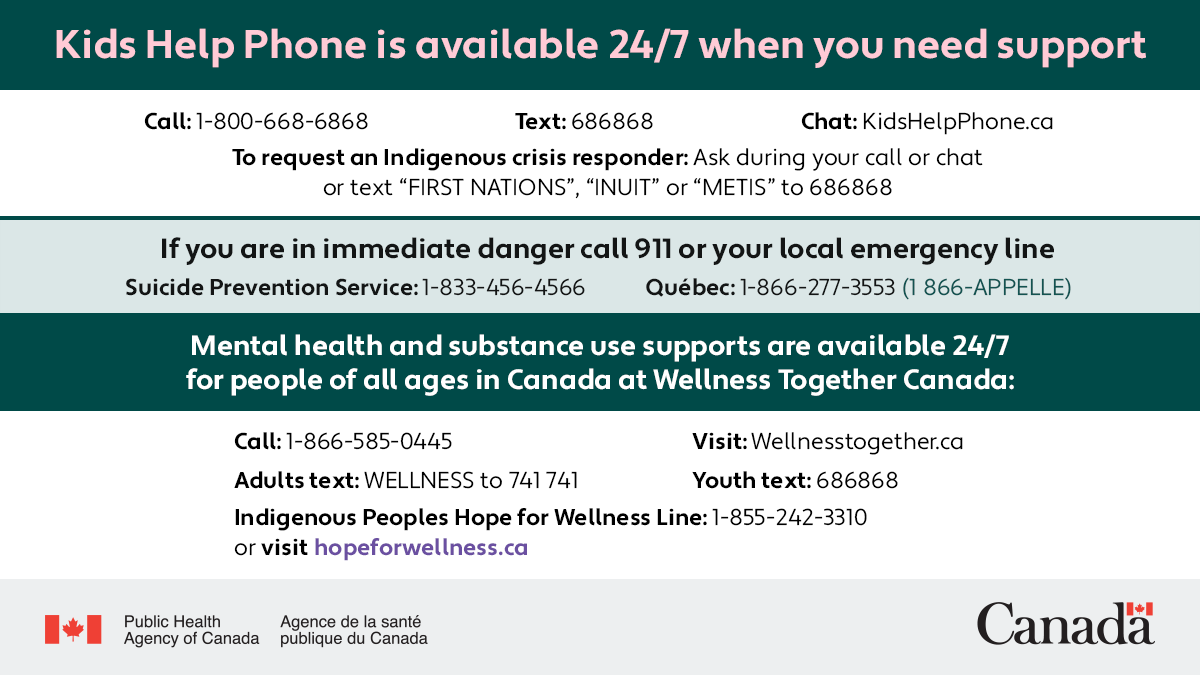 CPHO_Canada's tweet photo. Need to talk to someone about how you’re feeling? The Kids Help Phone is available 24 hrs/day for young people. It’s anonymous, too.

Talk to a professional counsellor 👇🏽
call 1-800-668-6868 
or text CONNECT to 686868.
https://t.co/D1Jg56LdCe https://t.co/VnSHRN8MvR
