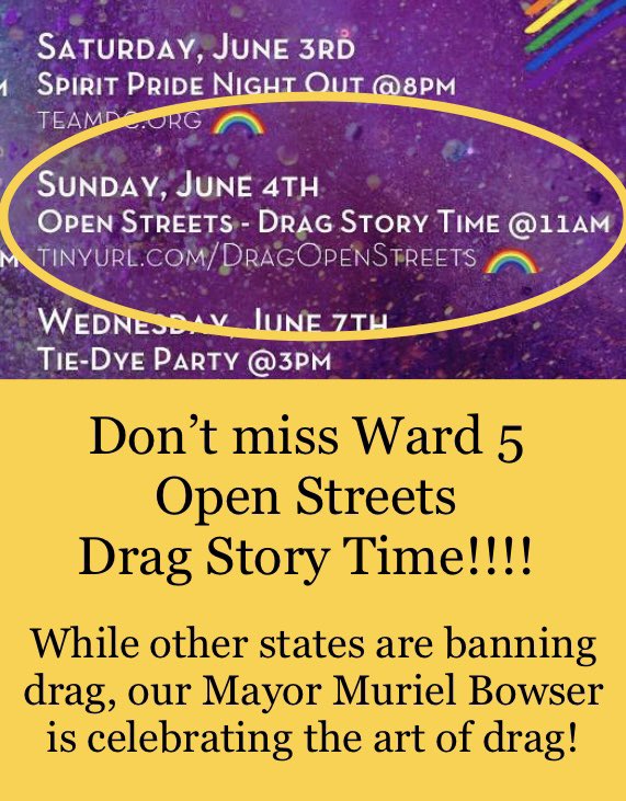 Pride is coming 🌈 🏳️‍⚧️!
Next weekend Drag Story Time!

@DDOTDC Open Streets! 
Tinyurl.com/DragOpenStreets

#Ward5
#DistrictofPride