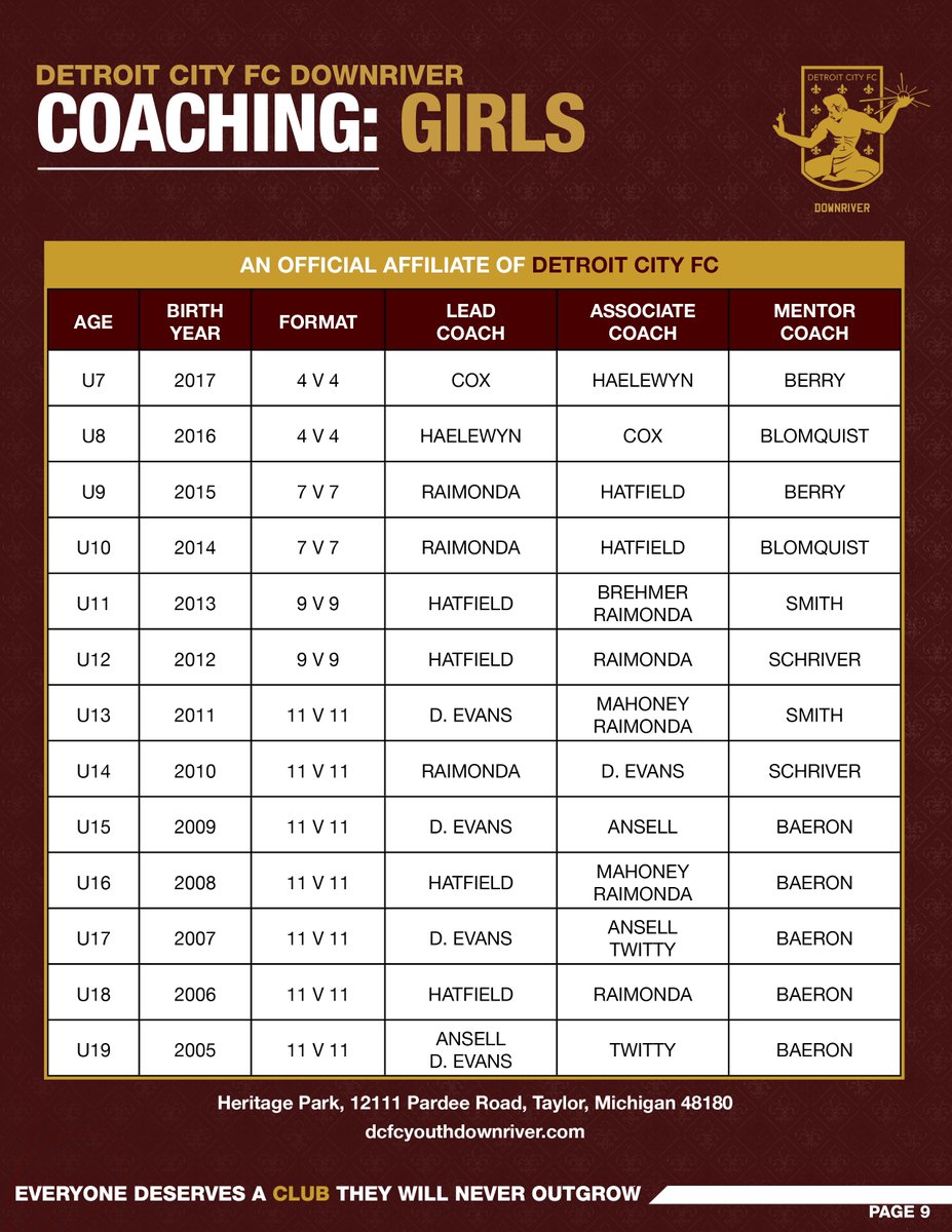 DCFCDownriver's tweet image. ⚜️ COACHING ASSIGNMENT⚜️ 2023-2024 Coaching Assignments for Detroit City FC Downriver Girls are now live! Register for Competitive Tryouts at dcfcyouthdownriver.com today! Tryouts are on June 10th and 11th at Heritage Park, 12111 Pardee Road, Taylor.