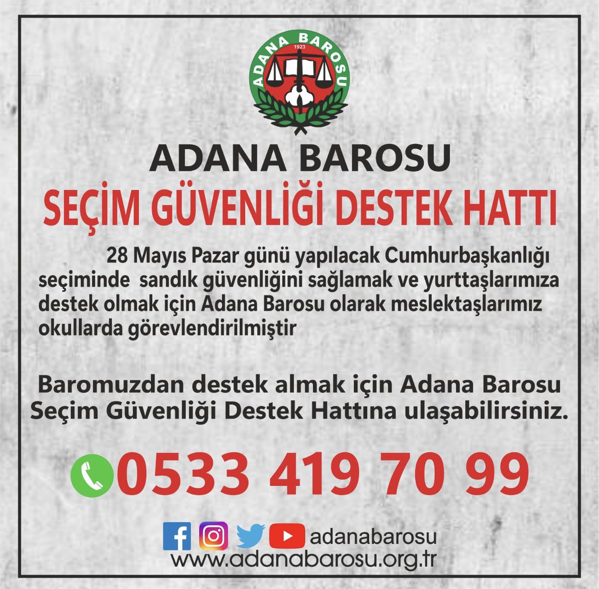 Bir ülke ancak adaletle ebedi olur ve adaletin olmadığı ülke maalesef güneşsiz dünyaya benzer <a href="/AdanaBarosu/">Adana Barosu</a> olarak bunun bilincinde ve hazırız.