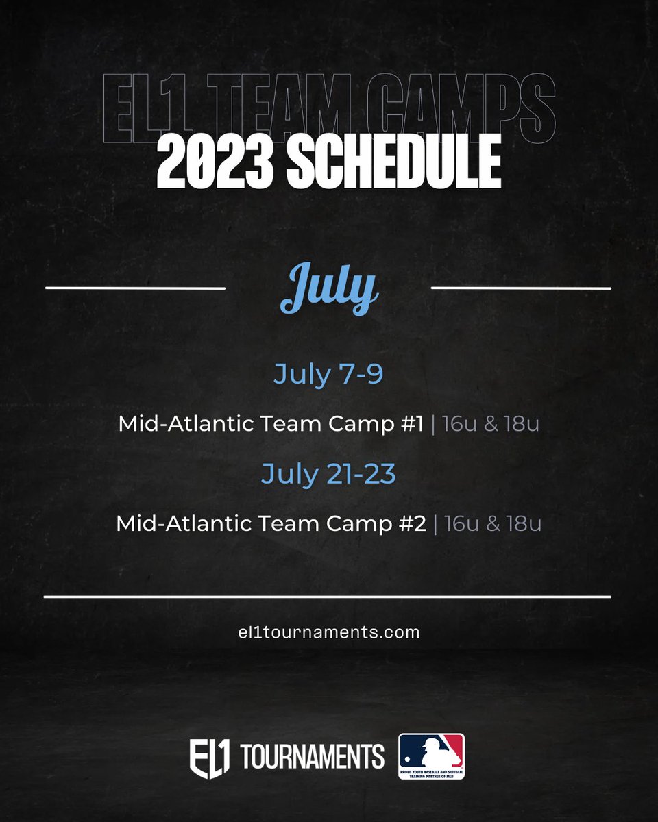 You have ✌️ chances to get on the field to showcase your talent and build relationships with some of the best college coaches in the region at this summer's Mid-Atlantic Team Camps.

Visit el1tournaments.com/team-camps to see what colleges will be attending.

#el1tournaments #el1sports