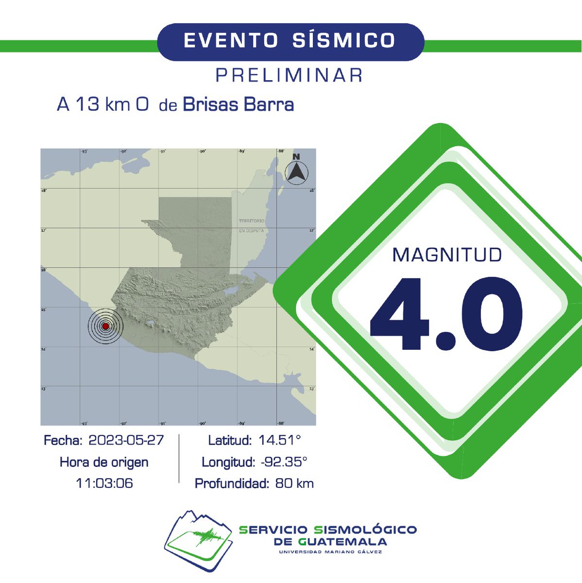 PRELIMINAR
Sismo registrado a 13 km O de Brisas Barra de Suchiate, México. #Temblor #TemblorGT #Sismo #SismoGT