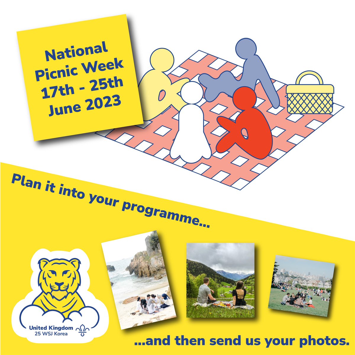 National Picnic Week is in June 🍩🍪🍎🥖

Our Food House team want you to run one in the most imaginative way/place possible!

Your extreme picnic photo might be displayed at the World Scout Jamboree in Korea – more: bit.ly/43vnuBf

#UK25WSJ #DreamWild #DrawYourDream
