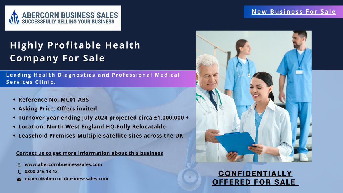 Highly Profitable Health Company for Sale

Leading Health Diagnostics and Professional Medical Services Clinic.

Link: bit.ly/3oRlZyl

#medicalbusinessforsale #healthclinic #businessesforsale #buyingabusiness #aberocornbusinesssaless #buybusiness #businessbrokersuk