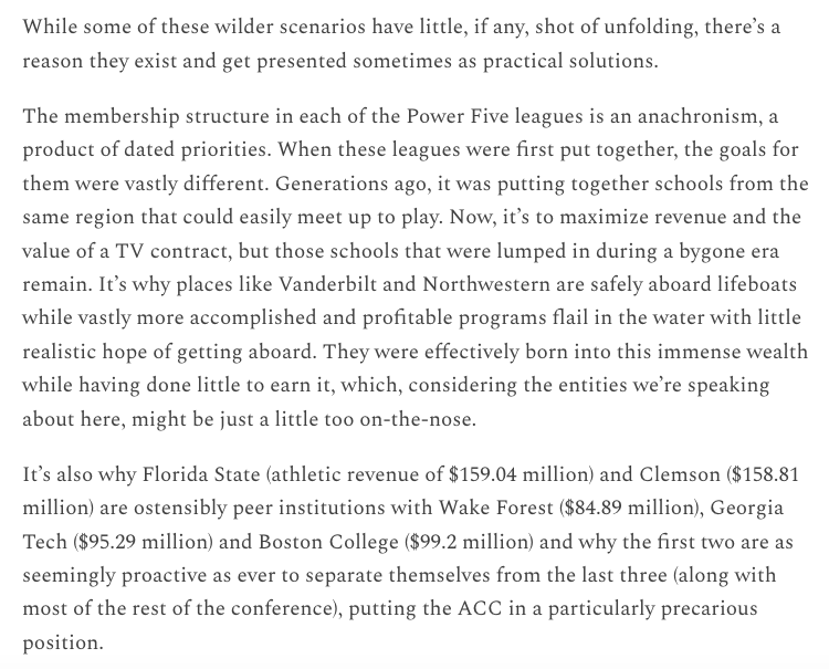 The ACC's recent success incentives, and the complaints that led to it, reveal a longstanding but seldom spoken tension within conferences: a league's members ain't created equally

Is this uneven revenue distribution the future?

My latest newsletter 

frontporchsports.substack.com/p/the-acc-and-…