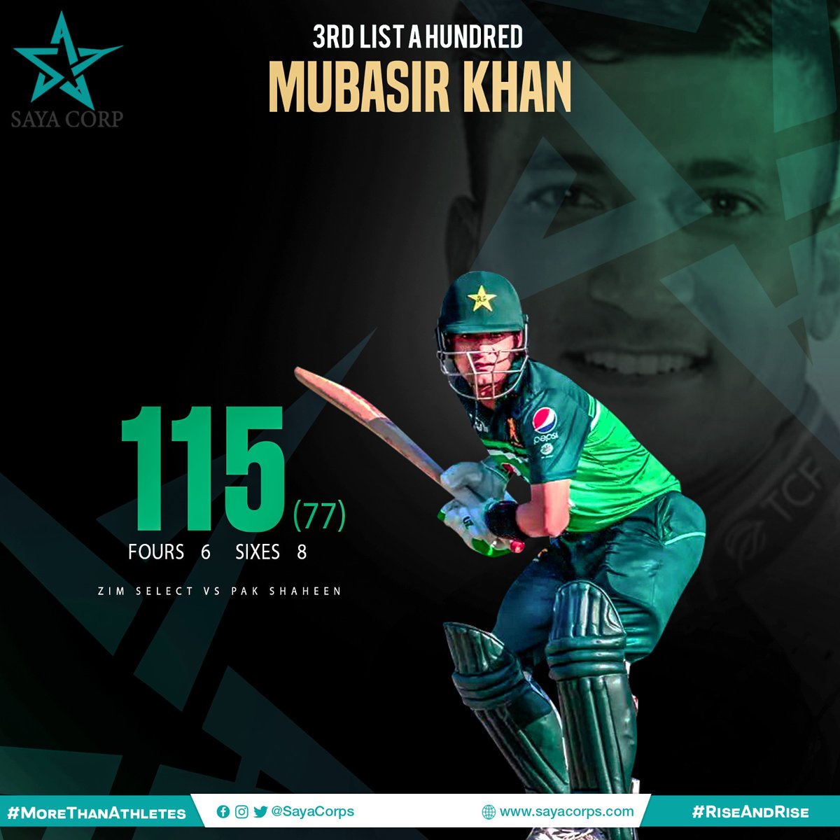 3️⃣rd List A Hundred 🙌🏻

#MubasirKhan was the lone warrior in Shaheens mammoth run chase as he struck 8️⃣ sixes and 6️⃣ fours in his innings of 1️⃣1️⃣5️⃣ off just 7️⃣7️⃣ balls 

Take a bow young lad!

#MoreThanAthletes #RiseAndRise #SayaCorporation @TalhaAisham