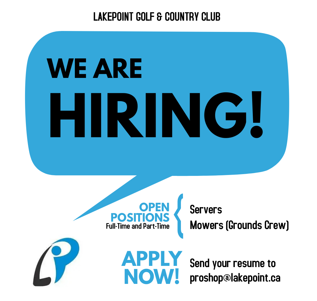 LakePointGCC's tweet photo. We are looking for a few more motivated individuals to add to our team here at Lakepoint! At the moment we are looking for servers and mowers to join our lounge/grounds crew. Please send all resumes to proshop@lakepoint.ca 
#swingbythelake https://t.co/uIS8lvIQ8n