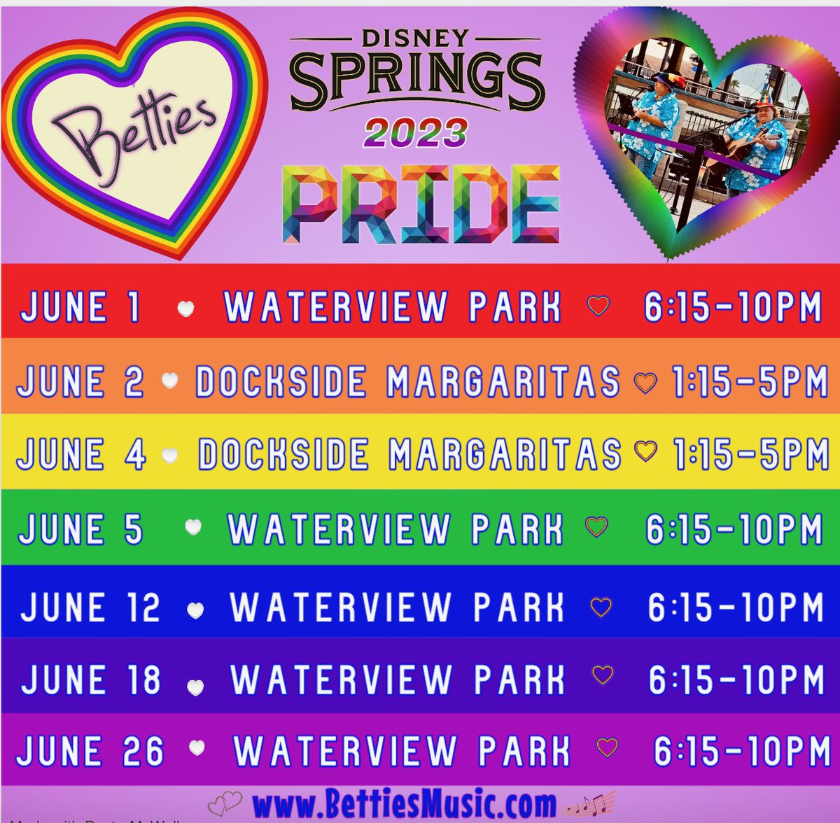 Betties kick off Pride Month this Thursday, June 1st at Disney Springs at the Waterview Park Stage (between Hangar Bar & the Boathouse) from 6:15-10pm! 🏳️‍🌈 You can also catch us at Waterview again 6/5, 6/12, 6/18, and 6/26. Plus at Dockside Margaritas on 6/2 & 6/4 from 1:15-5pm🎶