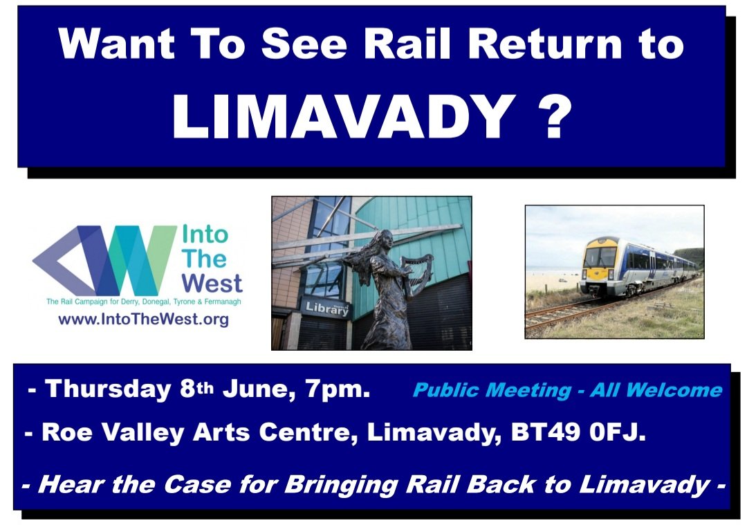 SAVE THE DATE : We're launching our campaign to see rail restored to #Limavady next month at @RoeValleyArts 👇🏻 Limavady has a population of 13K &amp; sits tantalisingly close to main Derry-Belfast line, but has been disconnectd for 73yrs. Help us change that👍
eventbrite.com/e/bringing-rai…