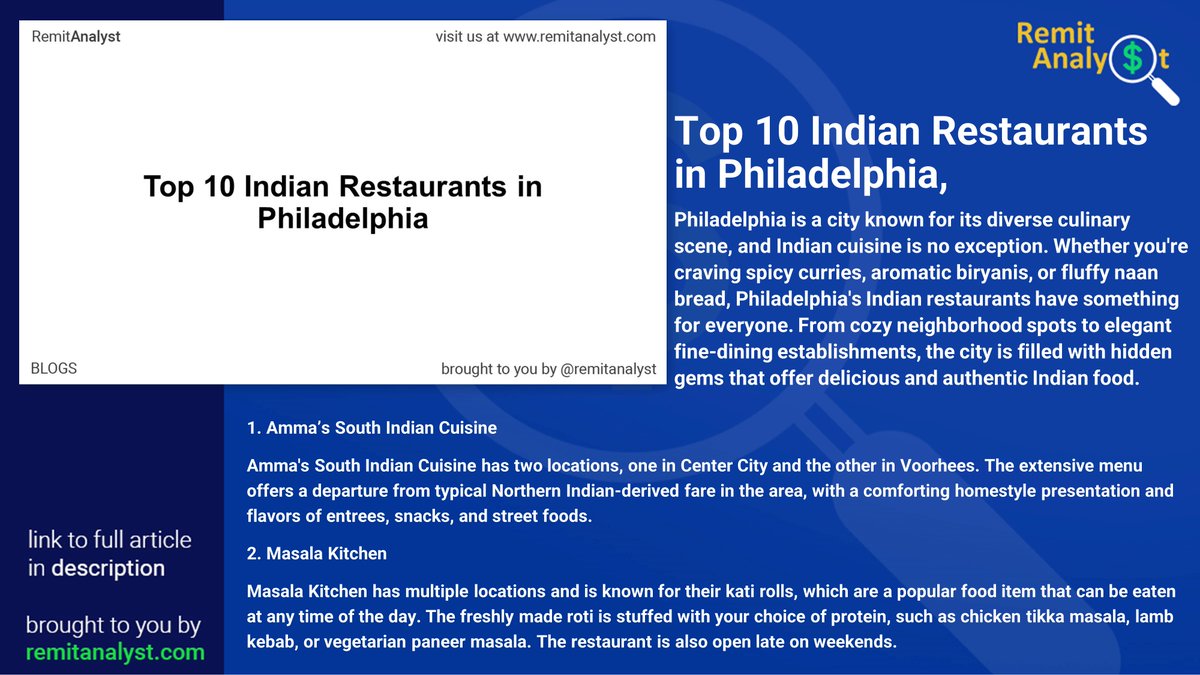 Top 10 Indian Restaurants in Philadelphia, Pennsylvania
Philadelphia is renowned for its vibrant culinary scene, and when it comes to Indian cuisine.
remitanalyst.com/blogs/77-famou…
#IndianRestaurants #PhiladelphiaEats #FoodieFinds #IndianCuisine #Top10Restaurants #FoodLovers