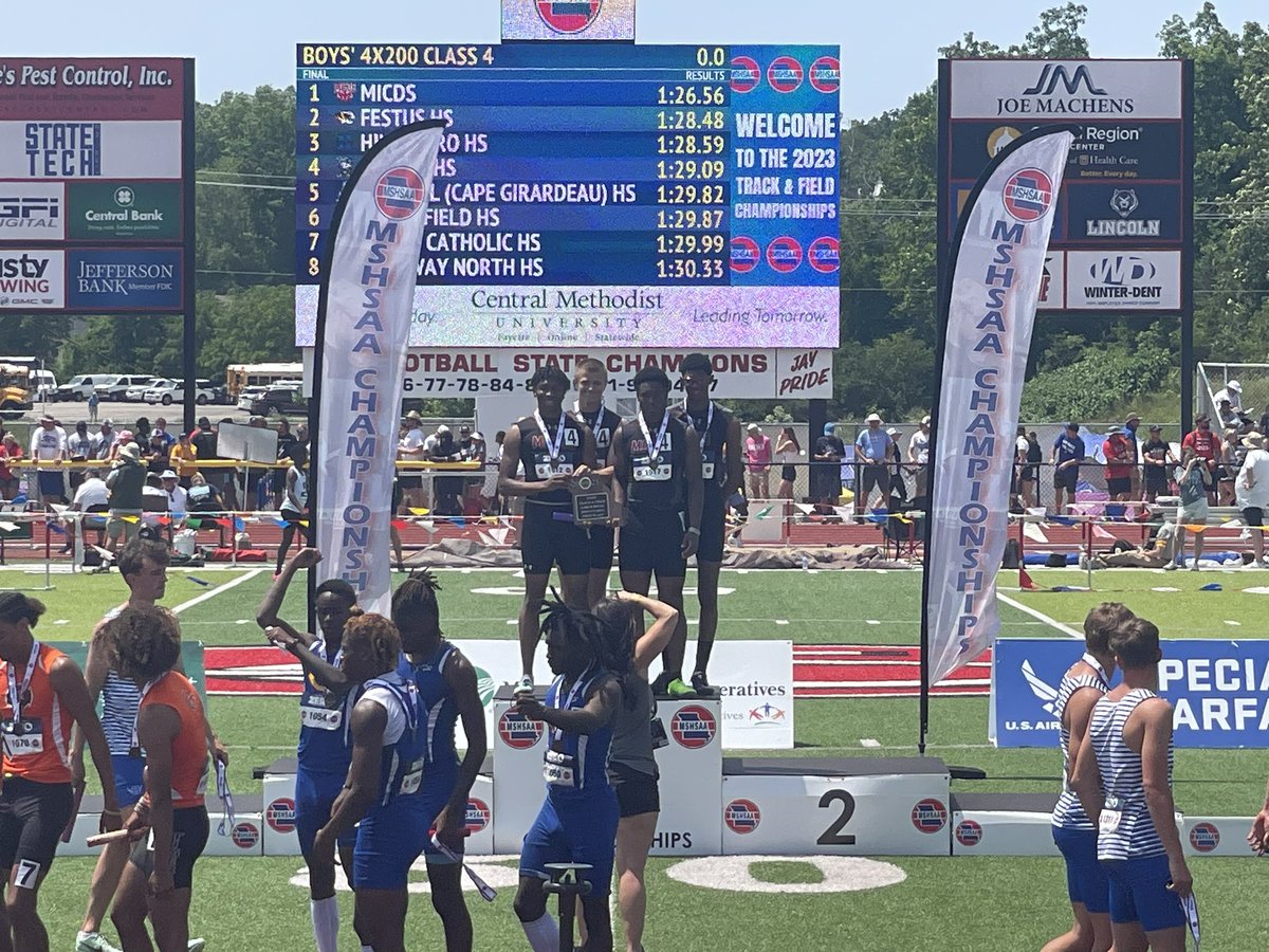 MICDSTrack's tweet photo. Congratulations to @JeremiahJB566, @tr1s___, @HenryRohan6, @Winstonmoore02 who are the State Champions in the 4x200 Meter Relay. They broke the school record with a time of 1:26.56. https://t.co/8lt0yjEFnv