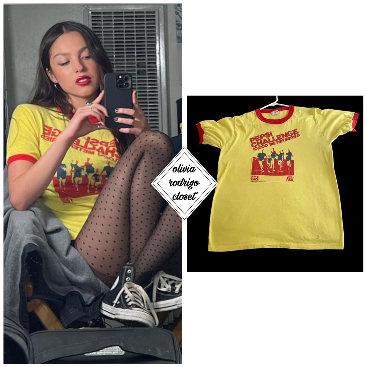 Olivia Rodrigo in an Instagram post on May 26, 2023.
—
She is wearing “Vintage 1983 Red Yellow Seattle Seafair Pepsi Challenge Ringer Tee Shirt” (Resold for $33.75 on Etsy)