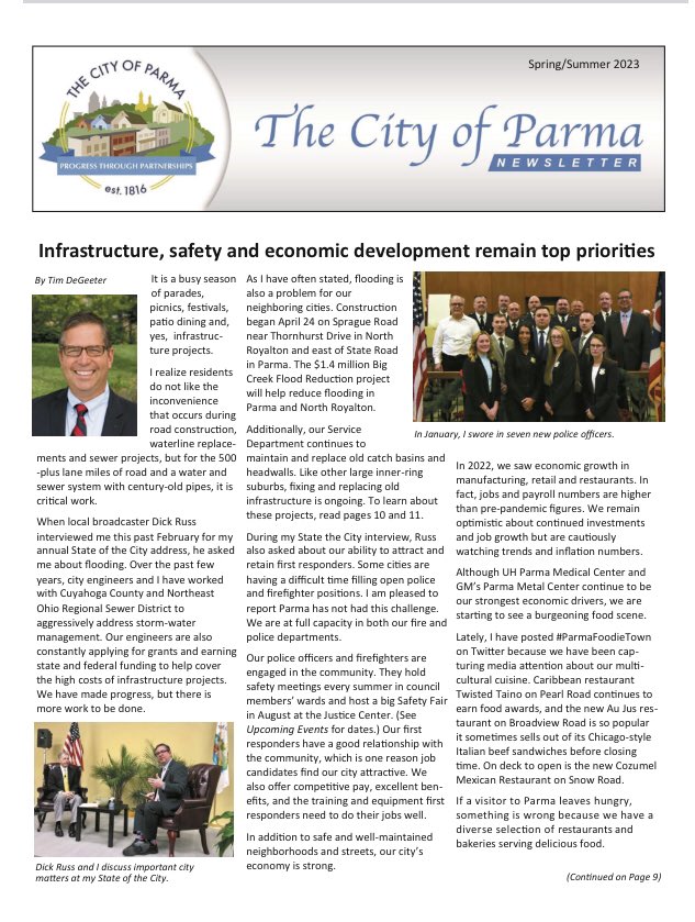 ParmaMayor's tweet image. The spring/summer city newsletter should be landing in your mailbox soon. It contains the latest news about the City of Parma. Or, go online to read it: mycommunityonline.com/publication-pa…