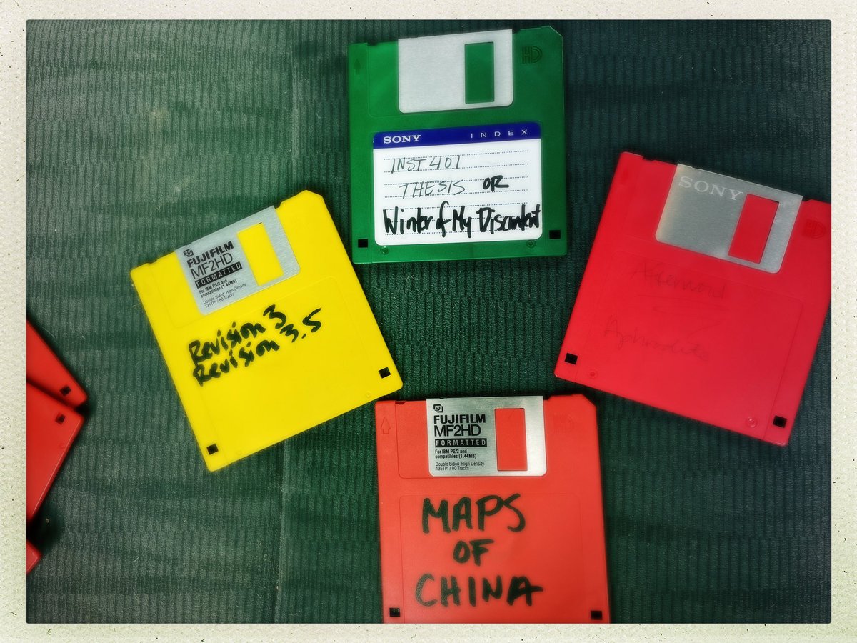 abthomson's tweet image. Decluttering and found my undergraduate thesis circa 2002 or, as I referred to it, the “Winter of My Discontent.” 😂 #floppydisk #savebutton