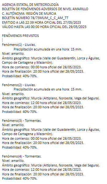 Según @aemet toda la #RegióndeMurcia en aviso amarillo el domingo 28 por fenómenos meteorológicos adversos

▶️noticias.112rmurcia.es/?HwORB
