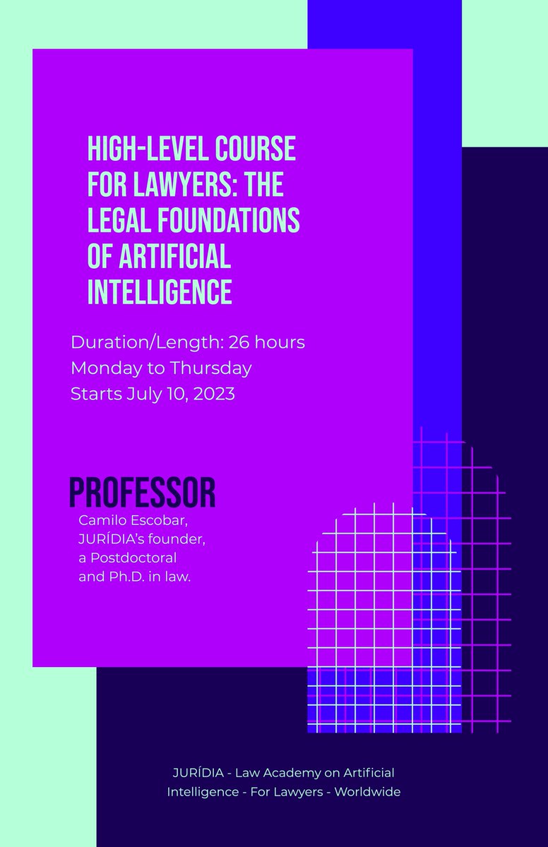 Course The Legal Foundations of Artificial Intelligence, info juridia.co/course-legal-f… 

#law #artificialintelligence #duediligence #lawyers #lawyer #attorney #attorneys #lawfirms #lawfirm #constitutionallaw #internationallaw #civillaw #commerciallaw #businesslaw #techlaw #ai #ICT