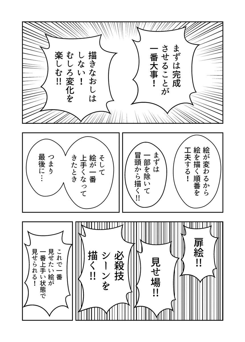 #コミカライズの魅力を毎日届ける 「読み切り作品は画力が変わる前提で描く!」  漫画を読む醍醐味に、作家の画力の上達を楽しむというのがあると思います。  読み切り作品を描いていると、特に上達がすさまじいので、絵は絶対に変わります!その上での読み切りの描き方を画像にまとめました!