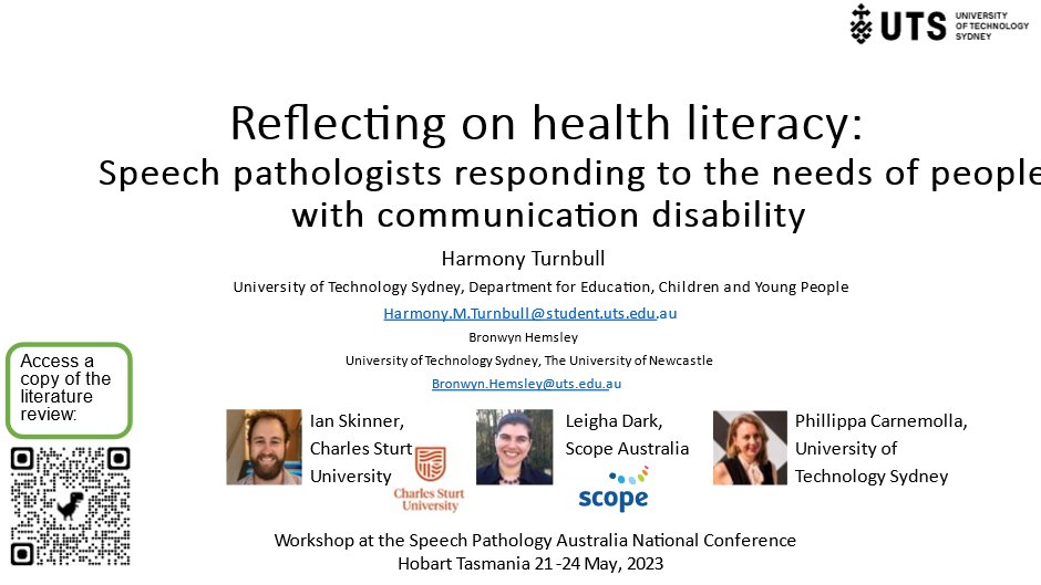 I held a workshop at the 2023 @SpeechPathAus Conference titled 'Reflecting on health literacy: Speech pathologists responding to the needs of people with communication disability' You can see the slides here: harmonyturnbull.org/2023/05/11/hea… #SPAconf #HealthLiteracy