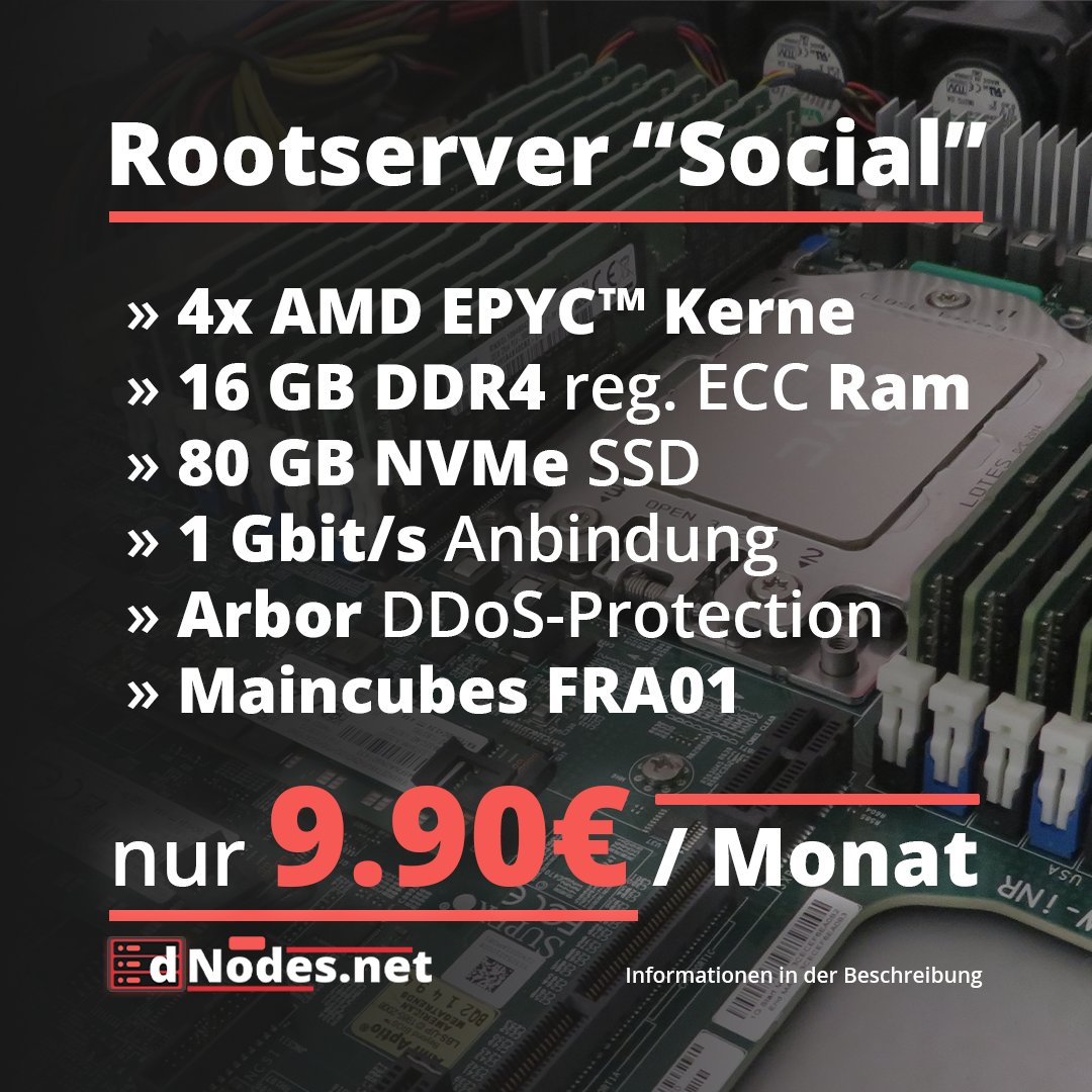 dNodesNET's tweet image. In den Bios unserer Social-Media-Profile (hier und Instagram) ist ein neuer Link aufgetaucht. Unter diesem könnt ihr den Rootserver "Social" bestellen. Der Preis gilt natürlich dauerhaft! 😘
Wir wünschen dir viel Spaß mit deinem neuen Server! 😋
@dNodesNET auf allen Kanälen! 😋