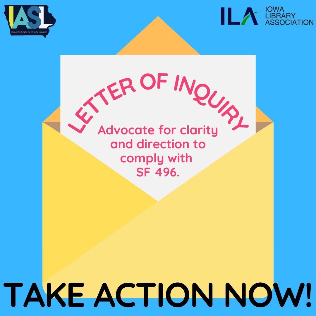 “Age-appropriate” has yet to be clearly defined. @IADeptofEd, @ISEA, @ACLUiowa, & @IASB_Iowa received and are reviewing the joint IASL/ILA Letter of Inquiry: ow.ly/VbLv50Ok242

Safeguard the 1st Amendment.
Seek clarification with this letter before removing books! #Ialegis