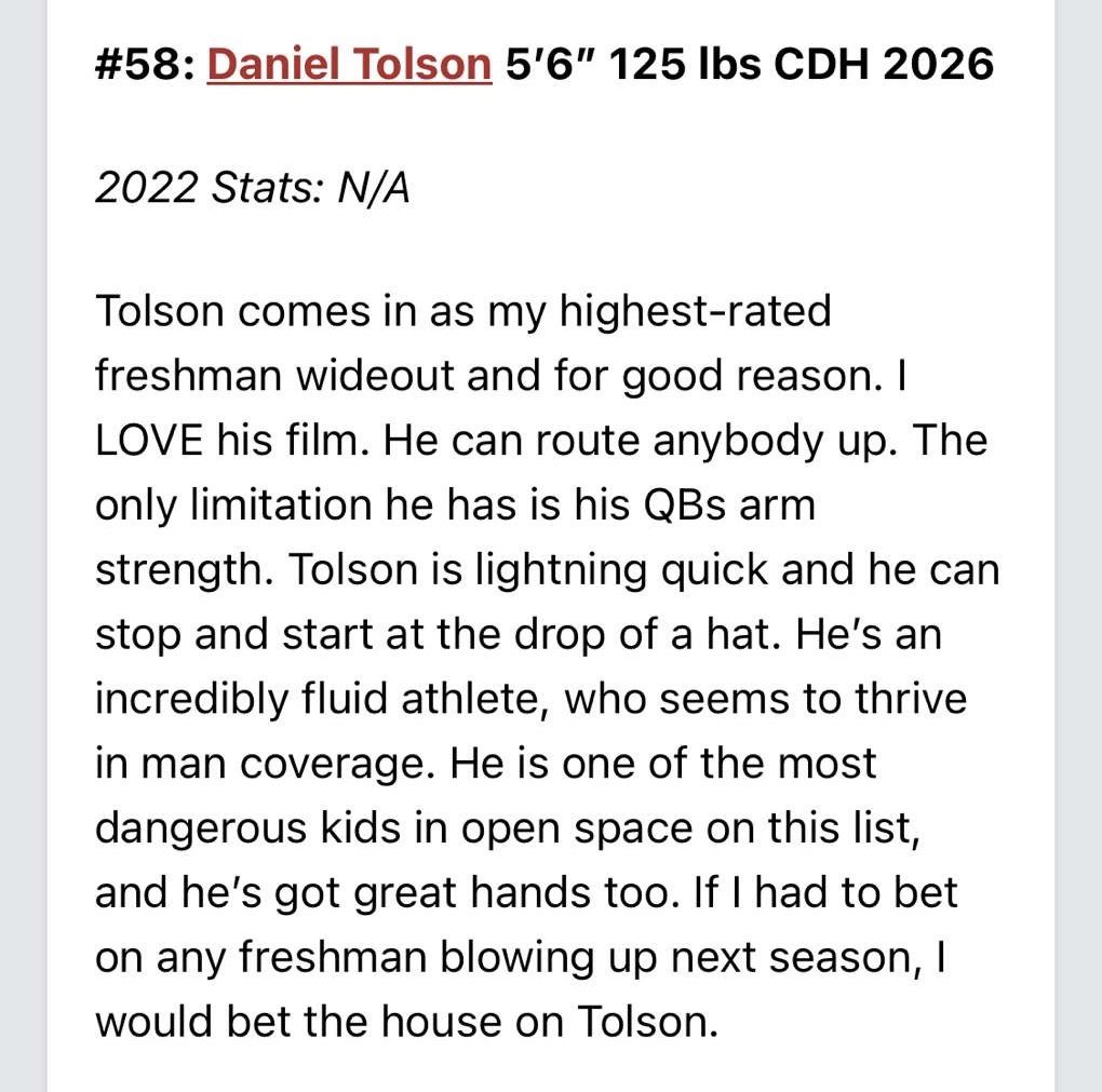 Daniel Tolson (2026) (@danielltolson) on Twitter photo Thank you <a href="/PrepRedzoneMN/">Prep Redzone Minnesota</a> <a href="/OJW_Scouting/">PrepRedzone Oliver</a> <a href="/MNFBSpotlight/">MNFootballSpotlight</a> for the article! A lot of progress had been made since then and a lot more will be made prior to this next season. I’ll definitely be at the next <a href="/PrepRedzone/">Prep Redzone 🏈</a> showcase! (5’7 130lbs *) <a href="/CDH_Football/">CDH Football</a> Thank you <a href="/PrepRedzoneMN/">Prep Redzone Minnesota</a> <a href="/OJW_Scouting/">PrepRedzone Oliver</a> <a href="/MNFBSpotlight/">MNFootballSpotlight</a> for the article! A lot of progress had been made since then and a lot more will be made prior to this next season. I’ll definitely be at the next <a href="/PrepRedzone/">Prep Redzone 🏈</a> showcase! (5’7 130lbs *) <a href="/CDH_Football/">CDH Football</a>