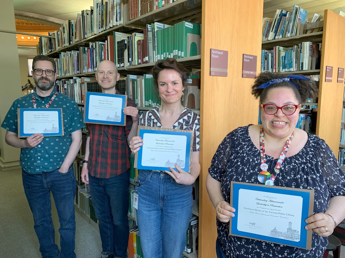 TacomaLibrary's tweet photo. 🌟🏆🌟 We are so proud of our NW Room team, here with their awards from the City of Tacoma Historic Preservation Month event. The NW Room was recognized for Outstanding Achievement in Leadership in Preservation. https://t.co/f7DnoWTJcG
#tacomapubliclibrary #tacomahistory https://t.co/0lsTK8coCZ