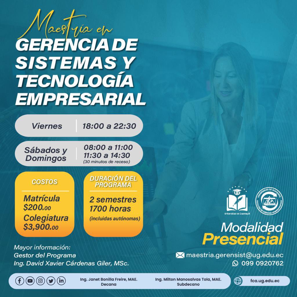 📍#CienciasAdministrativas
📍#UniversidadDeGuayaquil
📍#Guayaquil #Ecuador
📍#NoticiasUG #SoyFCAUG
📍#Maestria #GerenciaDeSistemas
📍#TecnologiaEmpresarial #TransformacionDigital
📍#InnovacionTecnologica #LiderazgoTI

Mas información: wa.me/593990920762