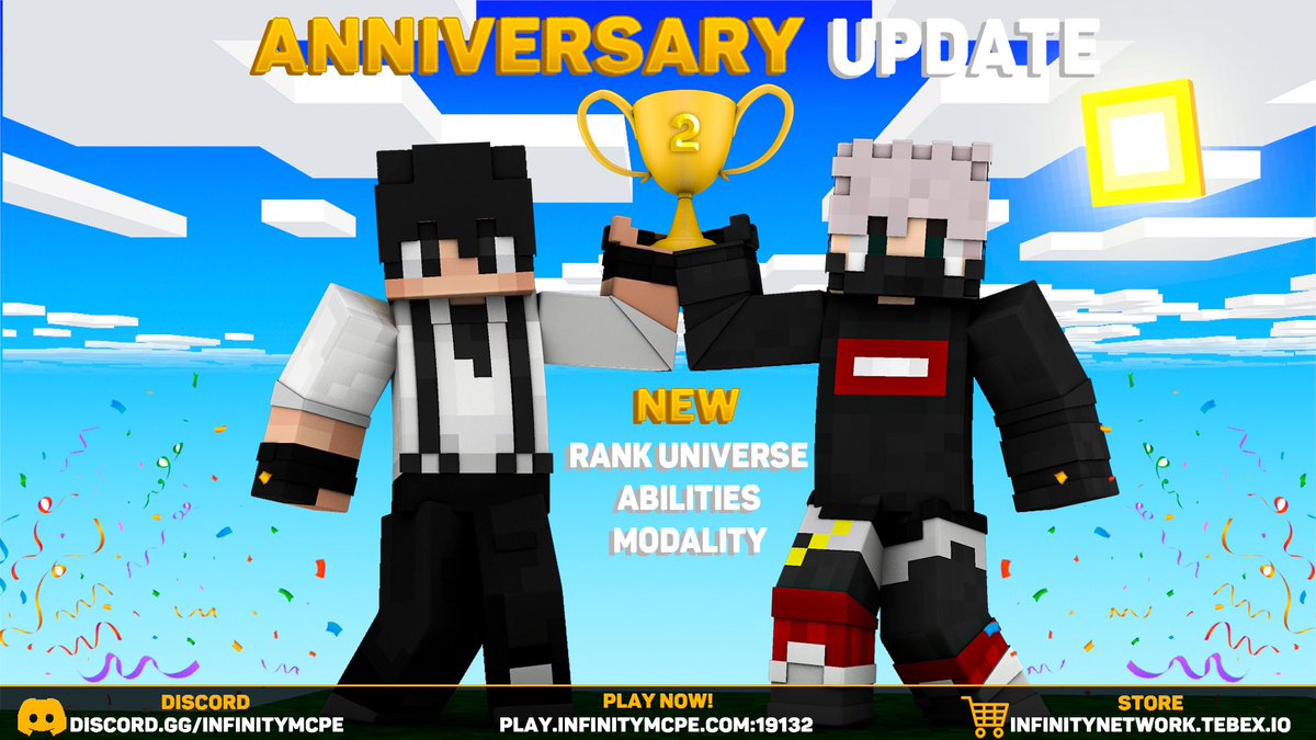 InfinityHCF's tweet image. 🎇Infinity | Anniversary🎇
El día de hoy se cumplen 2 años desde la apertura de Infinity, les agradecemos todo el apoyo que nos han dado en este bonito tiempo! Para festejarlo les traemos una Update que estará disponible en el SOTW 🎉Giveaway 🎉
1x Rank Universe 
1x Rank Mercury