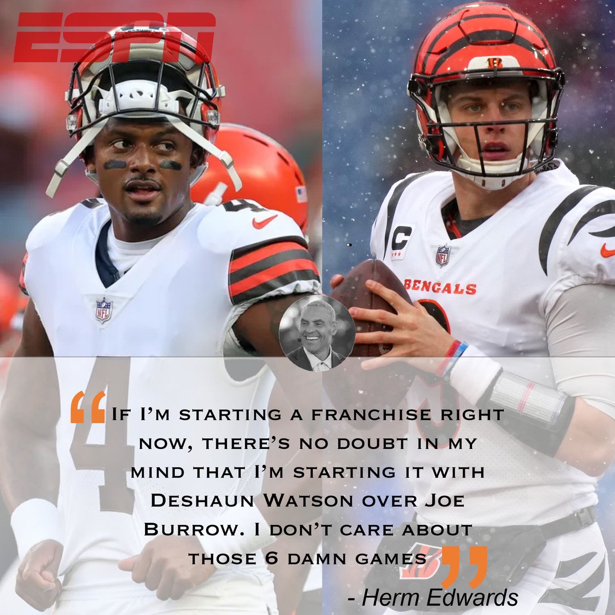 Herm Edwards had some thoughts on who he’d start his franchise with between Deshaun Watson or Joe Burrow 👀#DawgPound