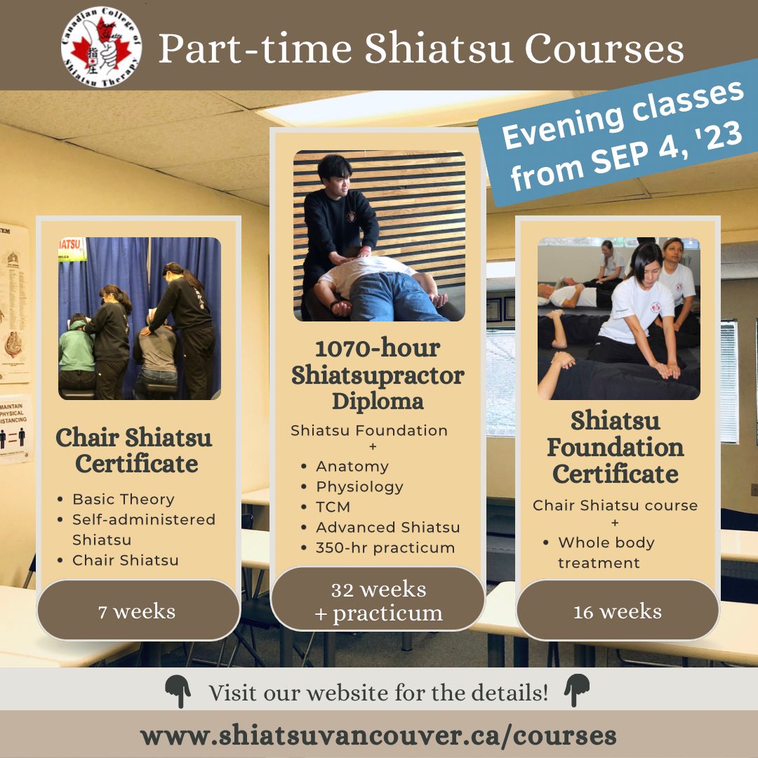 Interested in learning Shiatsu but busy during the day? This may be for you!
Our Part-Time Shiatsu courses will start on September 4! Admission is now open. Apply today!

shiatsuvancouver.ca/courses

#massageschool #careerchange #northvan #massagecareer #shiatsu #selfcare #massagejob