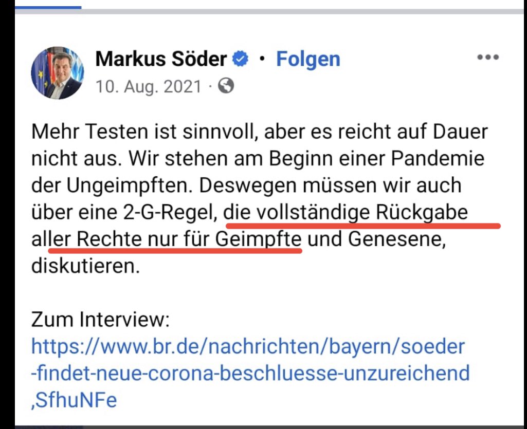 Rückgabe aller Rechte? Wie denkt Markus Söder über Grundrechte? 
Wer spurt, erhält Rechte zurück? 
Eine gefährliche Politik. Grundrechte können nicht aberkannt werden. Söder stigmatisierte erbarmungslos Ungeimpfte & grenzte aus. Die Pandemie der Ungeimpften gab es nie.