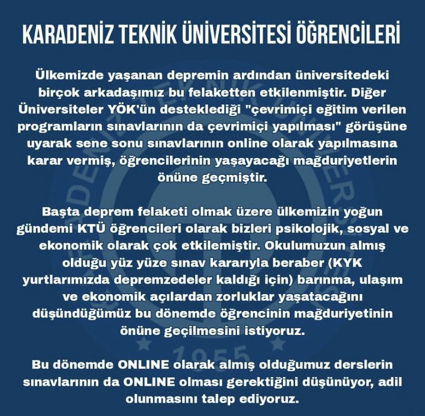 <a href="/profcuvalci/">Prof.Dr. Hamdullah Çuvalcı</a> <a href="/tcktu1955/">KTÜ</a> <a href="/Ykskgrtm/">Yükseköğretim İletişim</a> <a href="/YuksekogretimK/">Yükseköğretim Kurulu (YÖK)</a> #ktüonlineistiyor #ktü #ktüeczacılık neredeyse tüm üniversiteler online derse ve ardından uyumlu bir şekilde online sınava girerken bizim online işlenen sınavın sınavına yüzyüze girmemiz ne kadar adil?