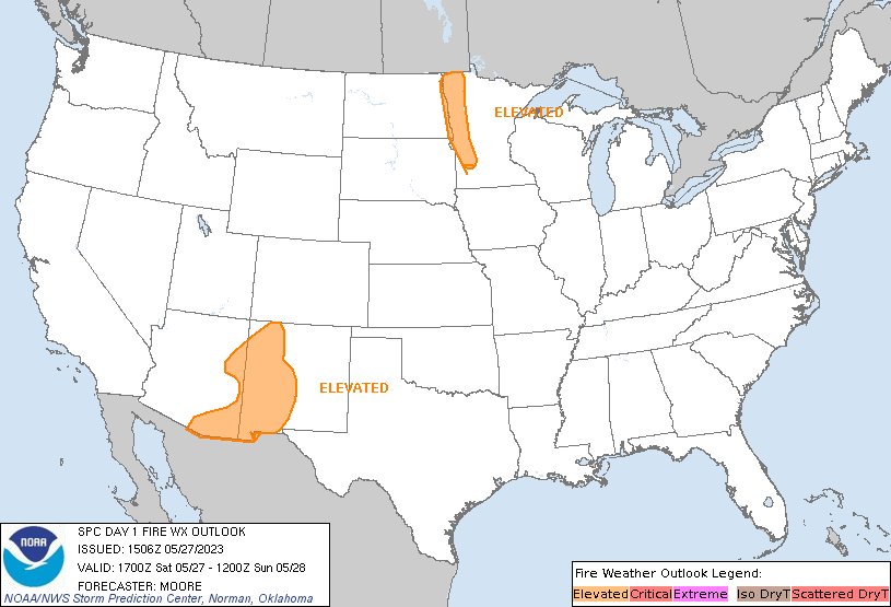 SPC Day 1 Fire Weather Outlook SPC Day 1 Fire Weather Outlook

Day 1 Fire Weather Outlook  
NWS Storm Prediction Center Norman OK
1006 AM CDT Sat May 27 2023

Valid 271700Z - 281200Z

...Eastern Dakotas into Minnesota...
An Elevated risk area has been in… https://t.co/somE65VwYF https://t.co/RI8wN3w3V3