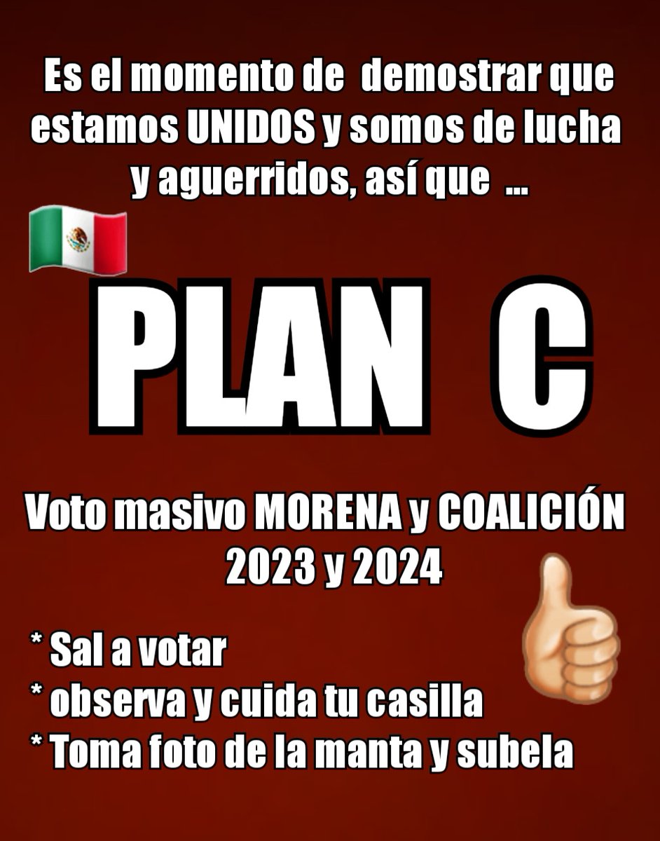 #PlanC_YaEstaEnMarcha 

#VotoMasivoMorena2023Y2024 

#AmloElMejorPresidenteDelMundo 

#DelfinaGobernadora