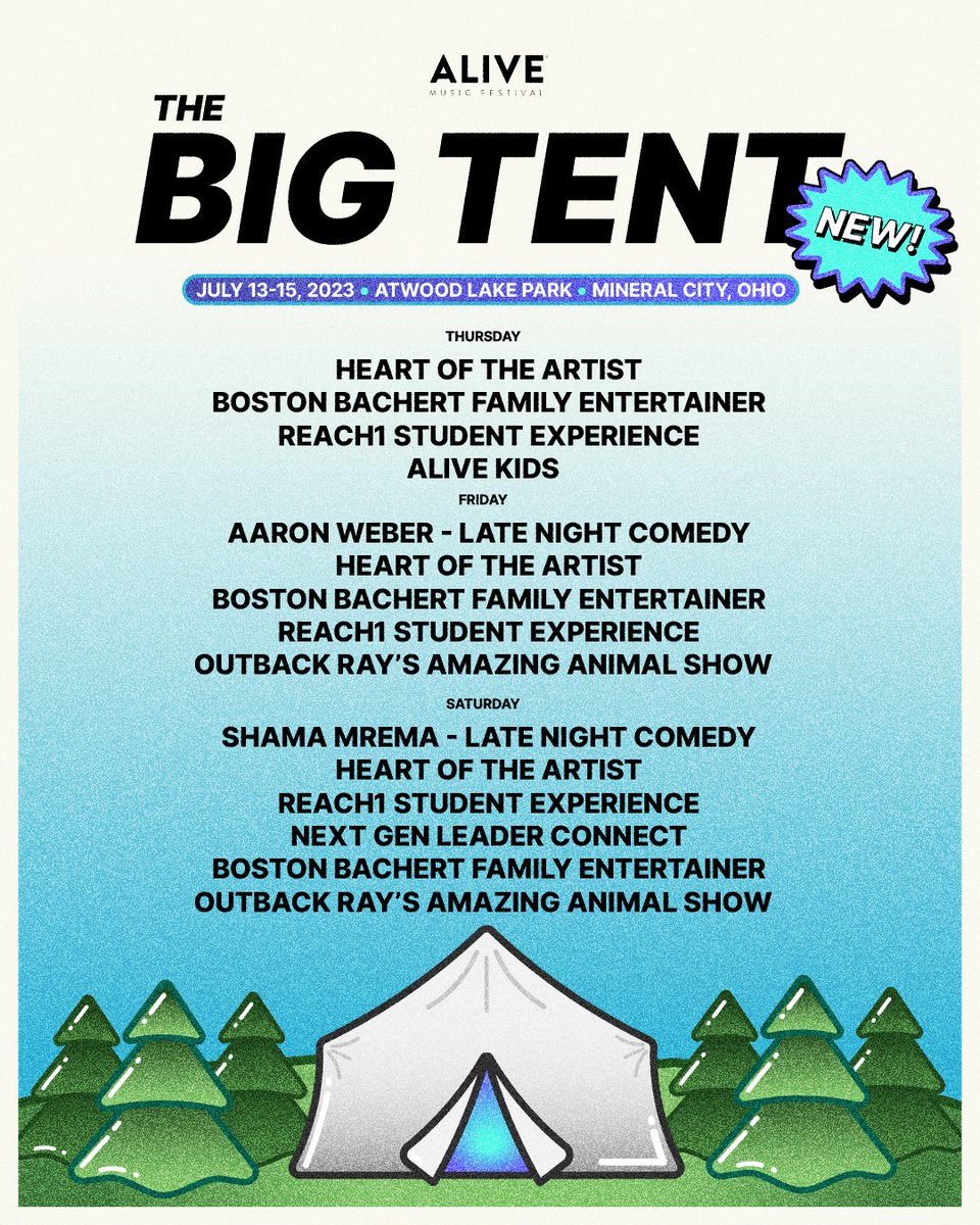 AliveFestival's tweet photo. INTRODUCING The Big Tent 🎪🌲 Come enjoy a huge variety of entertainment each and every day at #AliveFest 2023 🙌 https://t.co/dP6y2r8fov