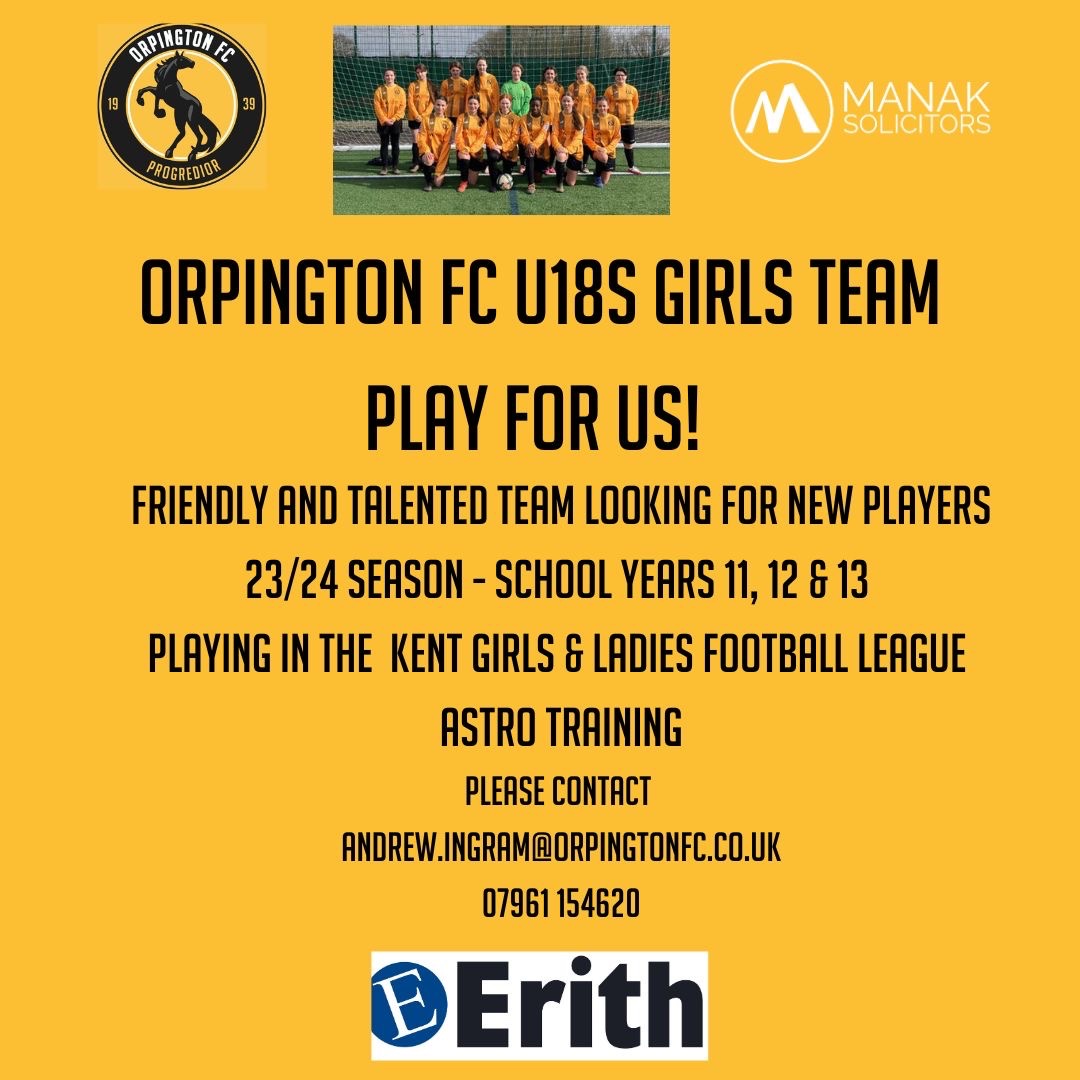 OFCBroncos's tweet photo. U18s and Ladies team at Orpington fc looking for players for next season . Come and join us! @KGLFL @kentfa https://t.co/YO1SSuNgLE