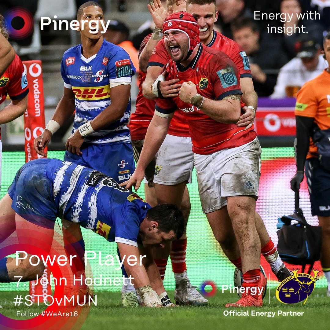 John Hodnett was the game’s Pinergy Power Player for a performance that included 9 Carries, 46 Metres Gained, 3 Defenders Beaten, 7 Tackles, and one Championship-winning try.

#WeAre16 #PoweringTheDifference #EnergyWithInsight #STOvMUN #MunsterInSA🇿🇦 #SUAF 🔴 #URCFinal