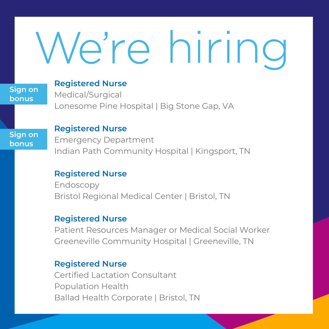 ⭐ Cont: ⭐

RN, Days, Endoscopy, Bristol, TN: ow.ly/Jzwr50OxIgA

RN, Patient Resources Manager or Medical Social Worker, Days, Greeneville, TN: ow.ly/UXsm50OxIgz

RN, Certified Lactation Consultant, Varied Shifts, Bristol, TN: ow.ly/TkU450OxIgy

#careers #rnjob