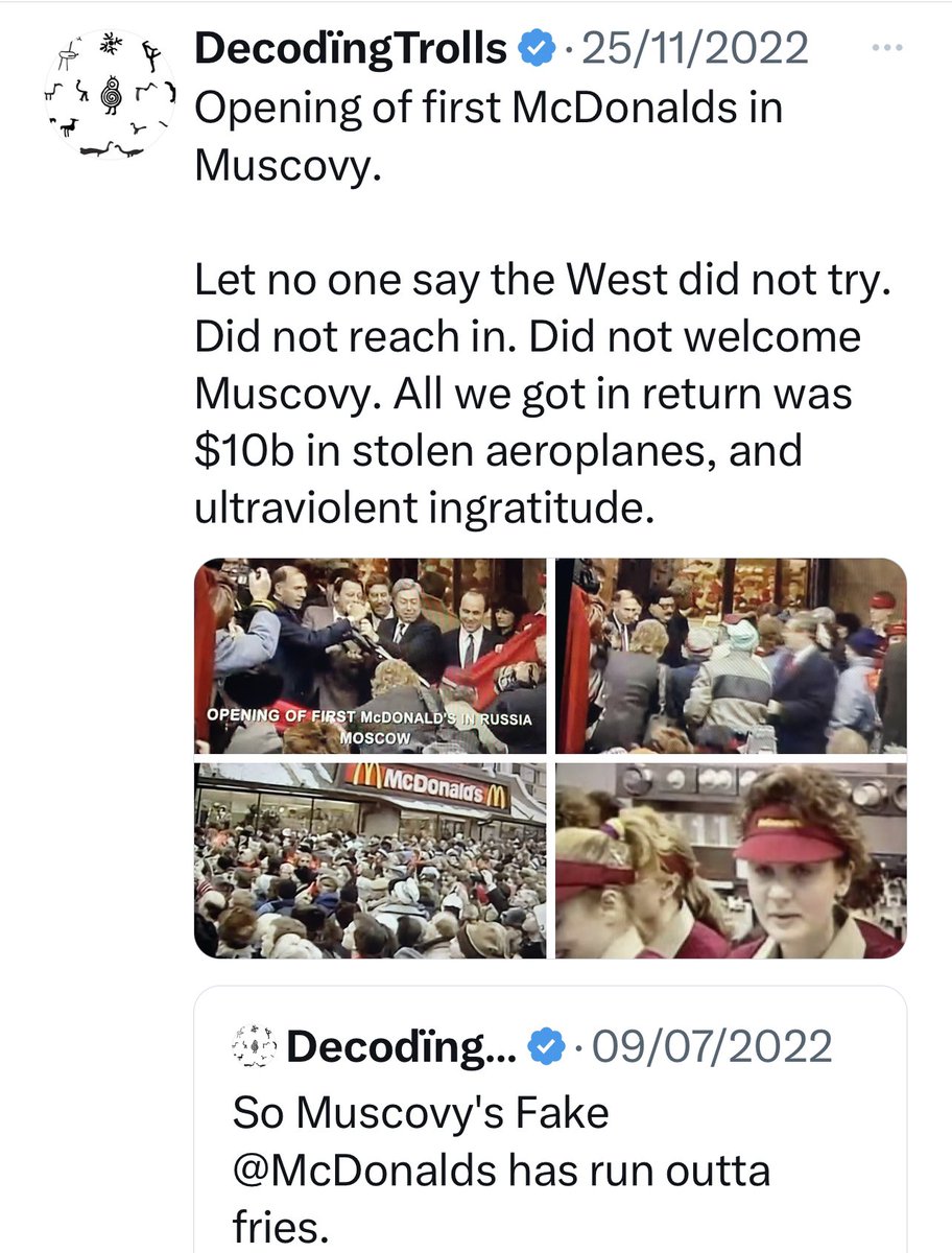 ⚡️Chef's McDonalds trolls.

Let's decode Putin's Chef's Internet trolls focus on Kyiv McDonalds today.

They've sacrificed ALL their McDonalds on the altar of genociding Ukrainians.

McDonalds was once, for Muscovy, a sign of the future.

They're facing total failure on all…