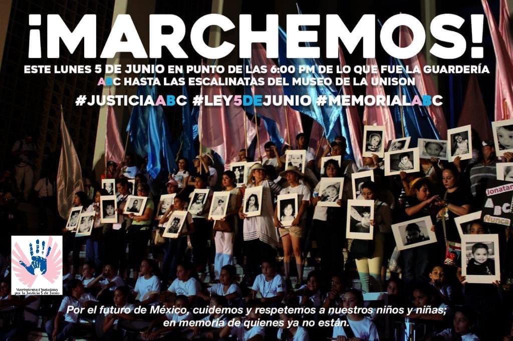 Por qué marchar a 14 años del crimen del 5 de junio de 2009 donde murieron 25 niñas, 24 niños y decenas resultaron lesionados?

1. Porque este crimen nos arrebató a 49 infantes, no sólo a las familias directamente afectadas, se los quitó a Hermosillo, a Sonora y México.
#ABC