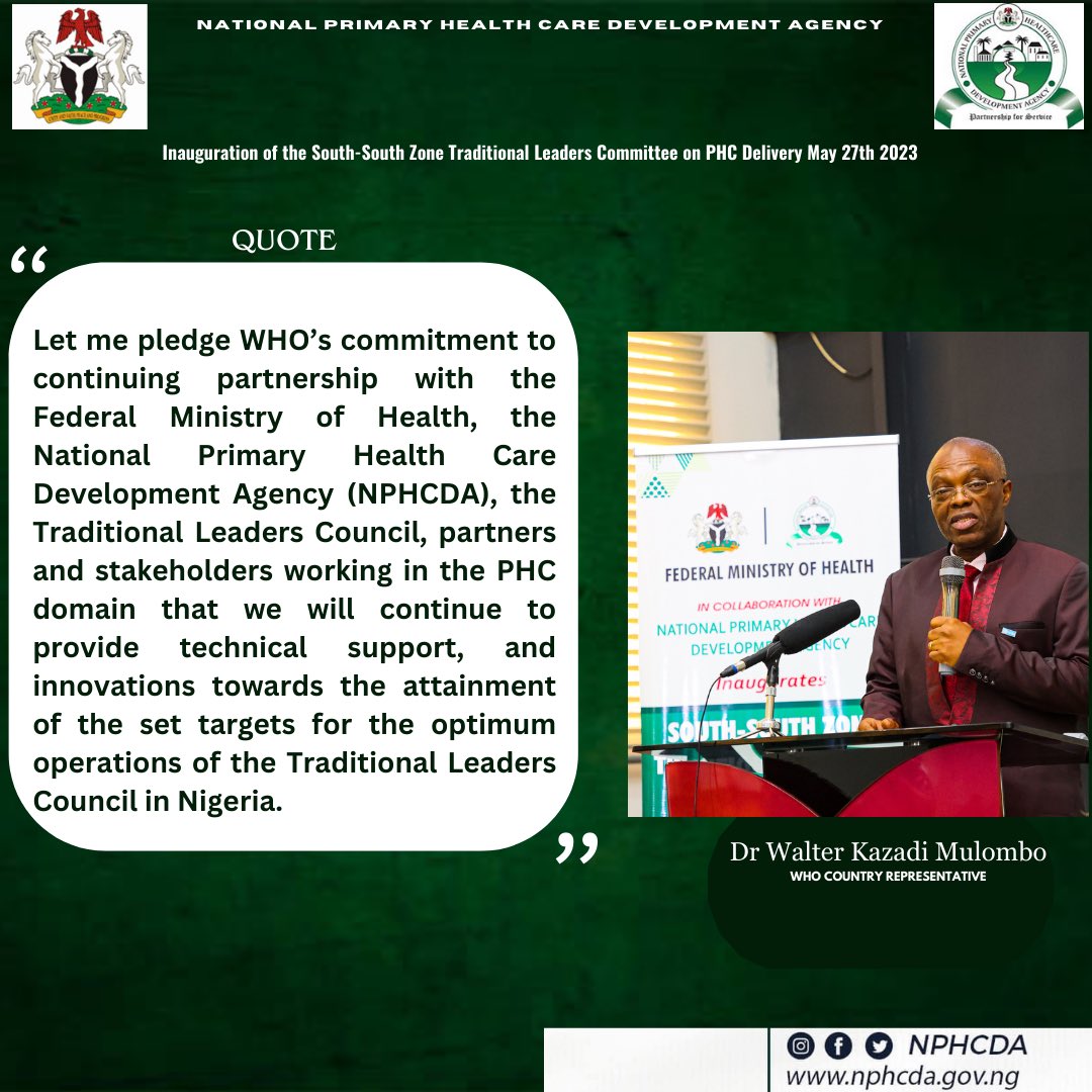 “Let me pledge <a href="/WHO/">World Health Organization (WHO)</a>’s commitment to continuing partnership with the Federal Ministry of Health Nigeria, the National Primary Health Care Development Agency (NPHCDA), the Traditional Leaders Council, partners and stakeholders working in the PHC domain …