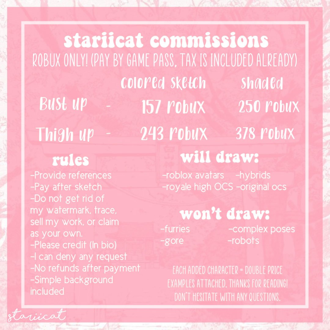 stariicat's tweet photo. HELLO ..im back! i’m opening roblox art commissions ONLY for robux!!! prices and examples attached!
(pay by gamepass, tax is ALREADY included!)

tags // #artcommissions #robloxartcommissions #robloxcommissions #robuxcommissions

thanks for reading! 
♡ / ↻ appreciated! https://t.co/cV33YtDy3H