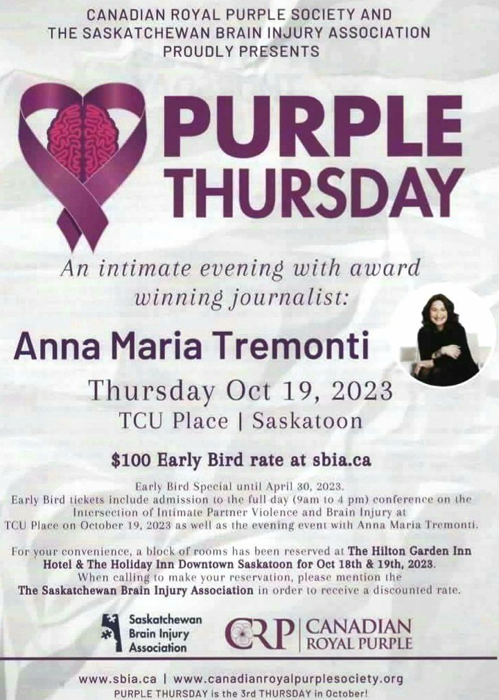 Early Bird Tickets are on sale for this AMAZING event. You will want your community professionals to attend. After June 30th costs go up to $150. So reserve your tickets now for Anna Maria Tremonti October 19, 2023 at TCU Place. Visit sbia.ca/purple-thursda…