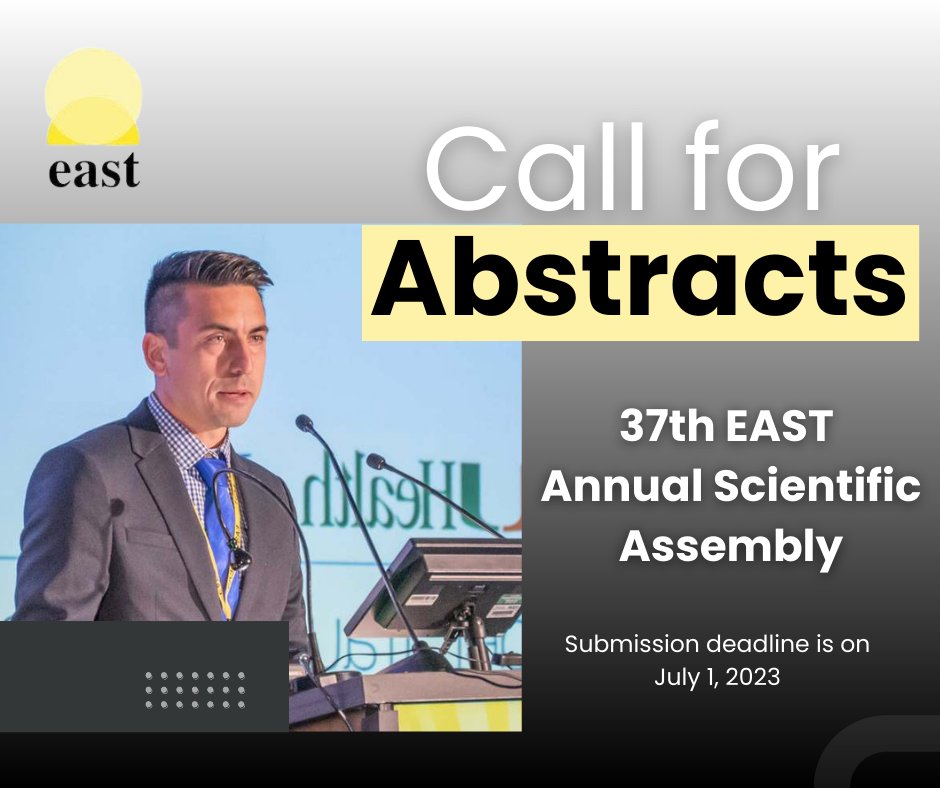 The Call for Abstracts for the 37th EAST Annual Scientific Assembly is open until July 1, 2023. Don't wait until the last minute! We look forward to accepting your submissions! bit.ly/3nJnYnL

#EASTtrauma #EASTorg #trauma #traumasurgery #surgeons #soMe4trauma