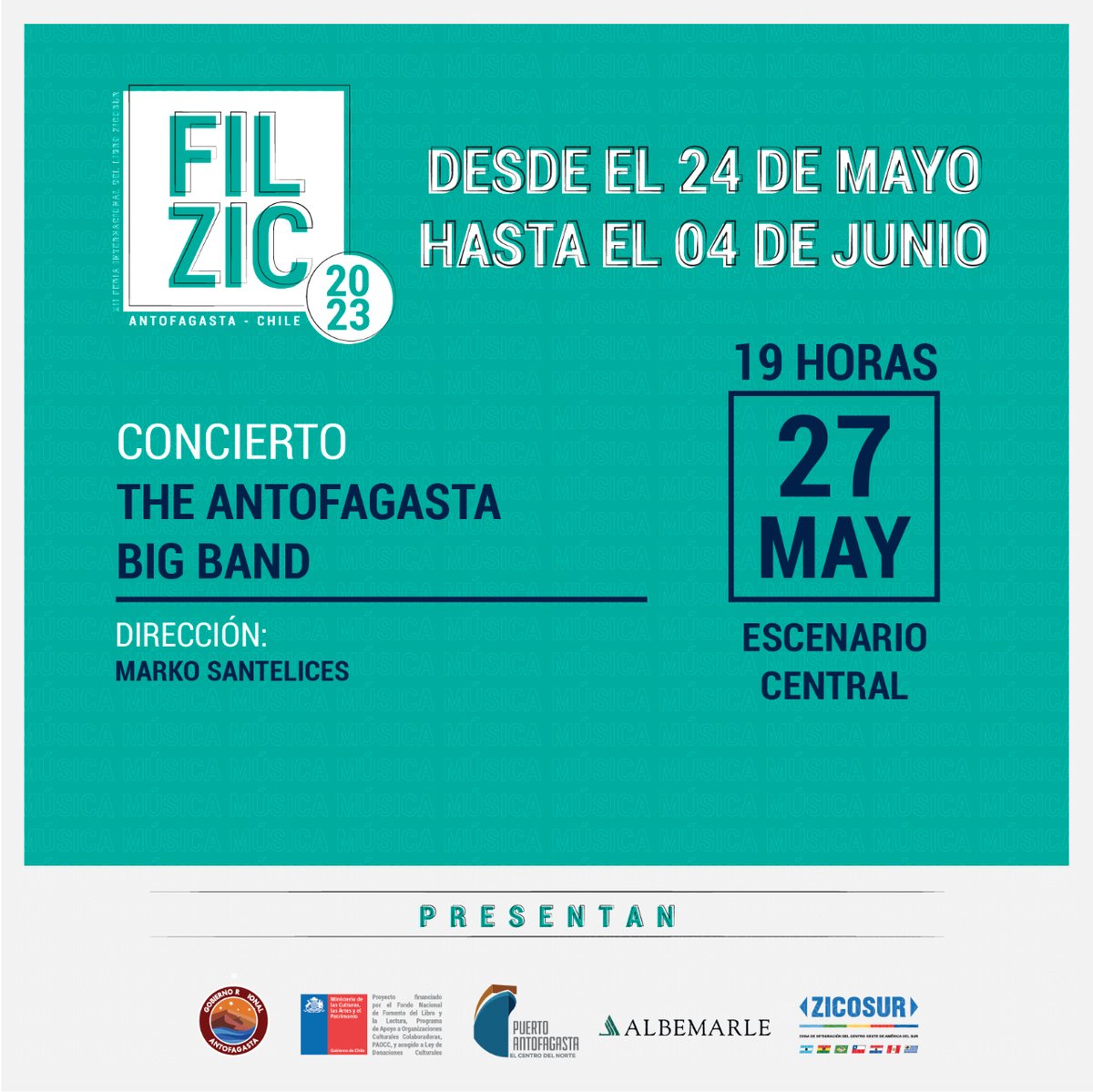 No te pierdas la presentación en vivo de The Antofagasta Big Band, banda con 14 años de trayectoria. 18 músicos, dirigidos por Marko Santelices, serán los encargados de cerrar la cuarta jornada de Filzic al ritmo del jazz 🎷🎺.
#Filzic2023 #FeriaDelLibro #antofagasta