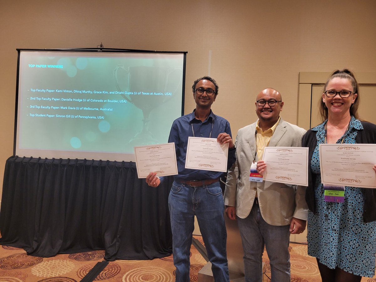 Congratulations to our top faculty paper awardees for their paper on 'The Use of #BlackLivesMatter in Russian and Iranian Race-Related Influence Operations on Twitter' @KamiVinton @dhirajmurthy; Grace Kim; Drishti Gupta 🏆👑 #ICA23